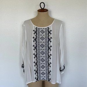 Forever 21 Embroided Blouse White/Navy Size L